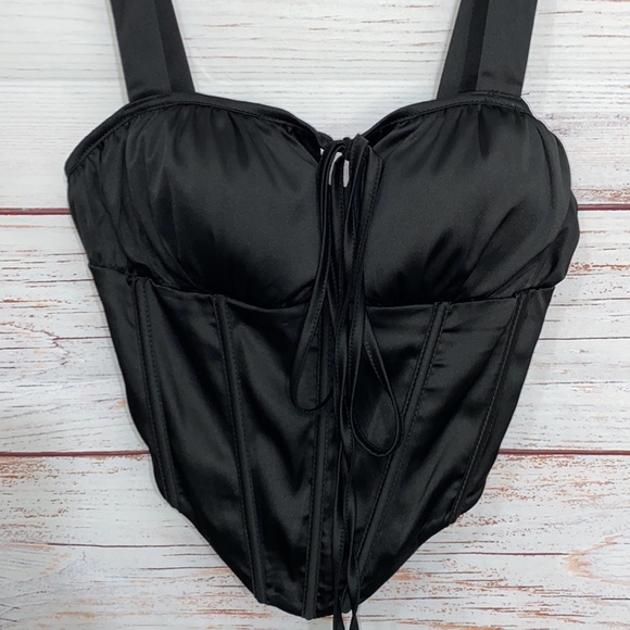 Satin Silk Fish Boned Ruched Bust Tied Zip Back Milkmaid Bustier Corset Top XS - Picture 5 of 7